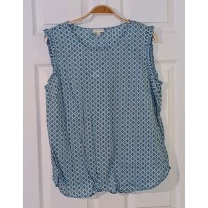 Talbots Womens Sleeveless Blouse Blue Floral Ruffle‎ Trim Top Medium NWT